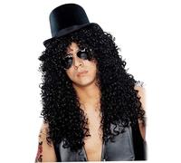 80s Retro Long Curly Rockstar Wig for Men, Punk Rock Heavy Metal Hippy Costume with Hat & Glasses for Halloween Party