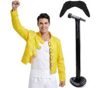 80s Rock Queen Costume Jacket, Inflatable Microphone Stand & Tash for Men Retro 1980s Fancy Dress Outfit Classic Rock Star Look Halloween Costume for Men Music Party Festival Stage Show Music Icon