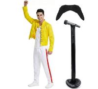 80s Rock Queen Costume With Tash and Inflatable Mic Stand Retro 1980s Fancy Dress Outfit Classic Rock Star Look Halloween Costume for Men Music Party Festival Stage Show