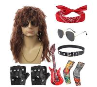80s Rocker Costume, 70s Hippie Cosplay Outfit, Punk Style Outfit with Sunglasses Wig for Outdoor Party Beach Holiday Musical Festival Stage Performance Halloween Events