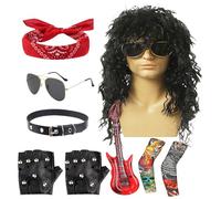 80s Rocker Costume - 70s Hippie Cosplay Outfit | Punk Style Outfit with Sunglasses Wig for Outdoor Party Beach Holiday Musical Festival Stage Performance Halloween Events