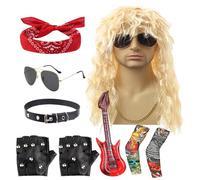 80s Rocker Costume For Men - Halloween 80s Rocker Star Costume Set | 9pcs Men's Rôcker Heavy Metal Outfit With Wig | Bandana, Sunglasses, Gloves & Accessories For 70s Themed Party, Stage