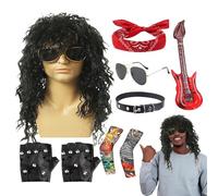 80s Rocker Costume For Men - Halloween 80s Rocker Star Costume Set | 9pcs Men's Rôcker Heavy Metal Outfit With Wig | Bandana, Sunglasses, Gloves & Accessories For 70s Themed Party, Stage