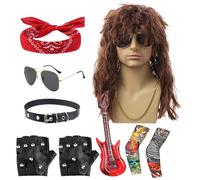 80s Rocker Costume For Men - Halloween 80s Rocker Star Costume Set | 9pcs Men's Rôcker Heavy Metal Outfit With Wig | Bandana, Sunglasses, Gloves & Accessories For 70s Themed Party, Stage