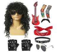 80s Rocker Costume - Halloween Outfit, 10PCS Party Set | Retro Rockstar Accessories Kit with Wig Headband Sunglasses Gloves Sleeves Beard Collar Guitar Props for Men Music Festival Stage