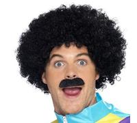 80's Scouser Black Afro Wig + Moustache Set Mens Tach Kit 118 Fancy Dress