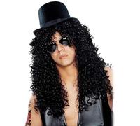 80s Wigs for Men Retro Punk Rock Long Curly Rockstar Wig Heavy Metal Hippy Wig with Hat & Glasses for Halloween Costume Party