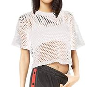 80s Womens Fishnet Mesh Tops Summer See Through T Shirt Short Sleeve Sheer Crew Neck Blouse Ladies Disco Retro Fancy Dress 1980s Costume White