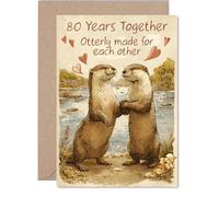 80th Anniversary Card for Women and Men, Rustic Style Cute Otters