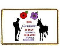 80th Anniversary D-DAY Normandy Soldier War Horse Poppy Gold Colour Rectangle Badge And Velvet Bag