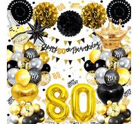 80th Birthday Balloons Black Gold, Banner, Triangle Flag, 80th Birthday Decorations, Black Gold Party Decorations Set, Latex, Heart, Crown And Numbers Balloons, Confetti, Paper Pom Poms, Ribbon