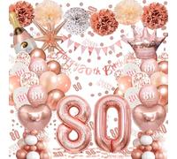 80th Birthday Balloons Rose Gold, Banner, Triangle Flag, 80th Birthday Decorations, Rose Gold Party Decorations Set, Latex, Heart, Crown And Numbers Balloons, Confetti, Paper Pom Poms