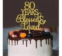 80th Birthday Cake Topper,80th Birthday Cake Decorations,RETWOT 1 Pcs Gold Glitter Happy 80 YEARS Blessed Loved Cake Pick for Celebrating 80 Anniversary Party Supplies