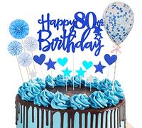 80th Birthday Cake Topper Blue Glitter Royal Blue Happy 80th Birthday Cupcake Topper Set with Star Heart Paper Fan Balloon Dark Blue Cake Decorations Kit for Men Women Him Her Eighty Years Old Party