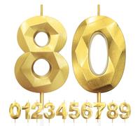 80th Birthday Candles, Number 80 Candle, Gold Birthday Candles for Cake, Diamond 3D Happy Birthday Candles, Cake Candle Decorations for Birthday Party Wedding Anniversary Celebration Supplies