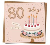 80th Birthday Card - Cake, Candles & Cherries - 145mm x 145mm Square - Cute Pink Design - Happy 80 Today, Includes Kraft Envelope