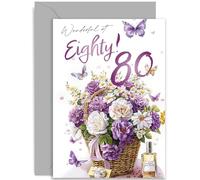 80th Birthday Card for Female Friend - 'Wonderful at Eighty' Birthday Card for Woman - Purple Butterfly and Flower Bouquet 80th Birthday Gift for Her - Traditional Female Birthday Card