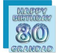 80th Birthday Card for Grandad - Blue Glitter Party Balloons - Happy Birthday Cards for 80 Year Old Grandad from Grandson Granddaughter, 145mm Bday Greeting Cards Gift