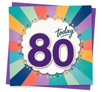 80th Birthday Card for Her, Bold Today 80 on Burst Rays | Bright, cheerful design for her 80th: ‘Today 80’ message in large purple type, on multicolour burst rays and dots.