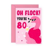 80th Birthday Card for Her - Oh Flock You're 80 Flamingo Pun - Gifts for Friends, Besties, BFF, Colleagues, Coworkers, Mum, Mummy, Aunties, Grandmum - Eighty - Comes with Fun Stickers