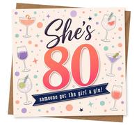 80th Birthday Card for Her - She's 80 Someone Get the Girl a Gin! Fun Drinks and Confetti Design