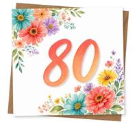 80th Birthday Card for Her, Watercolour Florals & Bold 80 | Bright watercolour flowers and leaves frame a big “80” on the front-colourful and celebratory for her 80th birthday.