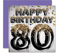 80th Birthday Card for Men - Black & Gold Glitter Balloons - Happy Birthday Cards for 80 Year Old Man Dad Great Grandad Grandpa Gran, 145mm Bday Greeting Cards Gift