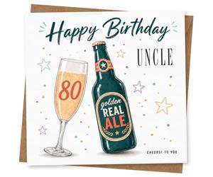80th Birthday Card for Uncle, Beer Bottle & Champagne Glass | Cheerful drinks-themed front with a beer bottle, champagne glass and bold “Happy Birthday Uncle” to mark his 80th birthday.