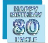 80th Birthday Card for Uncle, Blue Glitter Party Balloons