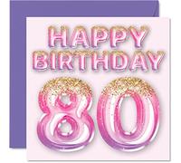 80th Birthday Card for Women - Pink & Purple Glitter Balloons - Happy Birthday Cards for 80 Year Old Woman Mum Great Nanny Grandma Gran, 145mm Bday Greeting Cards Gift