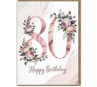 80th Birthday Card Large A5 Size - Elegant Floral 80 Design - Happy Birthday Greeting Card - Includes Kraft Envelope - For Women Men Mum Dad Grandma Grandpa Friends and Family
