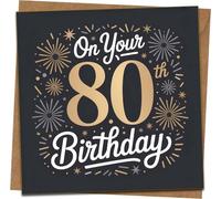 80th Birthday Card - Luxury Gold Fireworks Design, Square 145mm x 145mm, On Your 80th Birthday Greeting, Blank Inside, Includes Kraft Envelope for Men or Women