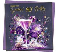 80th Birthday Card - Luxury Purple Floral Cocktail Elegant Birthday Card - With Purple Envelope