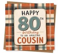 80th Birthday Card, Plaid Tartan, Big 80, Cousin | Warm tartan plaid design with a large “80” and the front message “Happy 80th Birthday to an Amazing Cousin”.