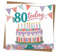 80th Birthday Card Today - Colourful Floral Cake and Bunting Design for Her or Him