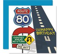 80th Birthday Cards for Men Women - Route 80 - Happy Birthday Card for 80 Year Old Man Woman Grandad Auntie Nanny Nan, 145mm Bday Greeting Cards