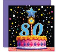 80th Birthday Cards for Men Women - Pink Cake & Stars - Happy Birthday Card for 80 Year Old Man Woman Nan Grandma Uncle Auntie, 145mm Bday Greeting Cards