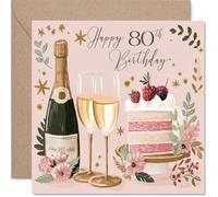 80th Birthday Cards for Women - Cakes & Wine - Happy Birthday Card for 80 Year Old Woman Nan Nana Auntie Gran, 145mm Bday Greeting Cards