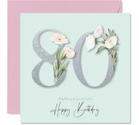 80th Birthday Cards for Women - Fancy Floral Flowers - Happy Birthday Card for 80 Year Old Woman Grandma Nanny Auntie Nana, 145mm Bday Greeting Cards