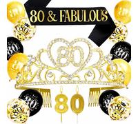 80th Birthday Celebration Pack for Women,Gold 80th Crown,Black Sash,Number Candles,Birthday latex balloons,80 year old Birthday Gifts for Women,Happy Party Favor Supplies (80th birthday)