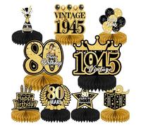 80th Birthday Decorations 9 pcs Birthday Table Decoration Black and Gold Party Supplies Honeycomb Centerpieces Cake Toppers for Women Men for Eighty Years Birthday Party Dinner Table Topper
