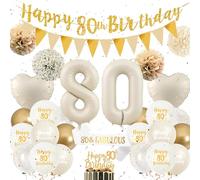 80th Birthday Decorations Banner Balloons - Sand White Gold Happy Birthday Decor Set Women Men, 80 & Fabulous Sash Cake Toppers Paper Pom Poms for 80 Years Old Party Supplies