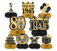 80th Birthday Decorations: Black Gold Birthday Table Decorations, 9pcs Cheers Birthday Party Decor Supplies Vintage 1945 Honeycomb Centerpieces for Men Women (Black & Gold 80th Table Decorations)