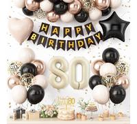 80th Birthday Decorations Black Gold Sand White,80th Birthday Balloon Number 80 Foil Balloons Star Heart Balloons Banner Cake Topper for Women Men 80th Birthday Party Decoration