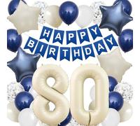 80th Birthday Decorations Blue White,Happy 80th Birthday Decorations with Navy Blue Silver Cream White Balloons Beige 80 Number Balloon Birthday Banner For Men Women Birthday Party Decor