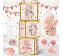 80th Birthday Decorations Boxes for Women - 3PCS Pink Rose Gold Happy 80th Birthday Balloons Boxes,Eighty Year Old Bday Theme Cardboard Box Decor