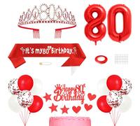 80th Birthday Decorations for Girls, Princess Crown Queen Tiara, It's My 80th Birthday Sash, 80 Year old Cake Topper, Number Balloons Set for Party Supplies, Red