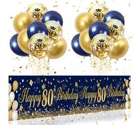80th Birthday Decorations for Men Women - Navy Blue Gold Happy Banner, 18PCS Balloons Confetti, 80 Years Old Party Outdoor Yard Decor