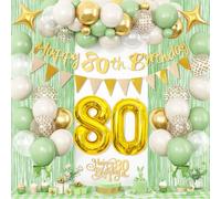 80th Birthday Decorations for Women Men, Sage Green Gold 80ths Balloons with Glitter Happy 80ths Birthday Banner Fringe Curtain Cake Toppers Number 80 Balloons for Women Men Birthday Decoration