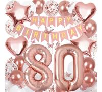 80th Birthday Decorations for Women, Rose Gold 40 Inch Number 80 Foil Birthday Balloons with Happy Birthday Banner and Butterfly Stickers